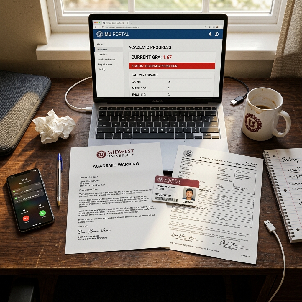 Academic desk with an Academic Warning letter, student ID, and laptop showing a low GPA