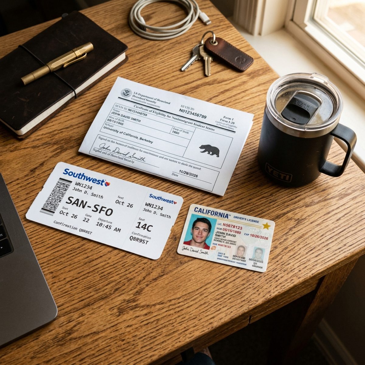 US driver's license with REAL ID gold star next to an I-20 and passport
