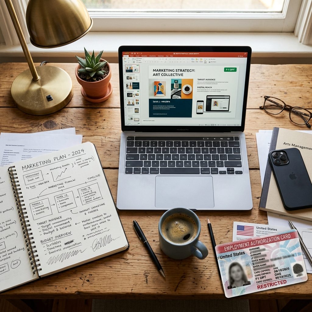 Laptop showing a business presentation, next to a sketchbook and an EAD card
