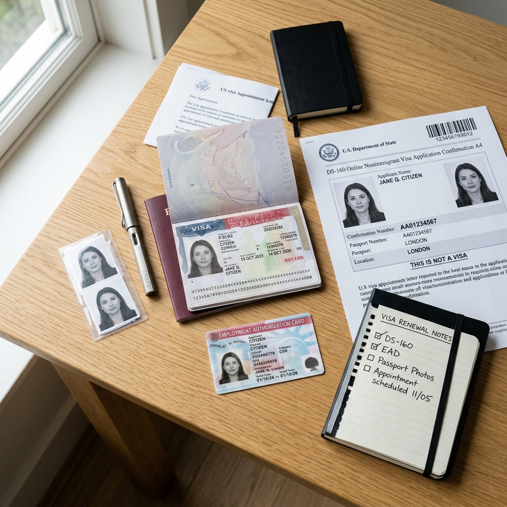 Passport with a US visa stamp next to a DS-160 confirmation page and an EAD card